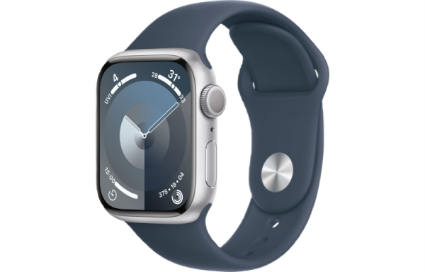 Apple Watch Series 9 45mm Silver Aluminum Case Storm Blue Sport Band
